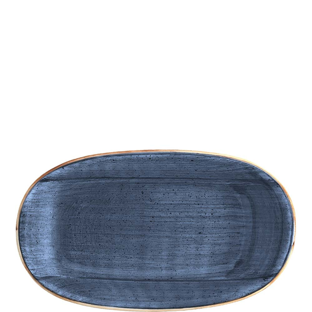 Blauer, ovaler Keramikteller, rustikal.