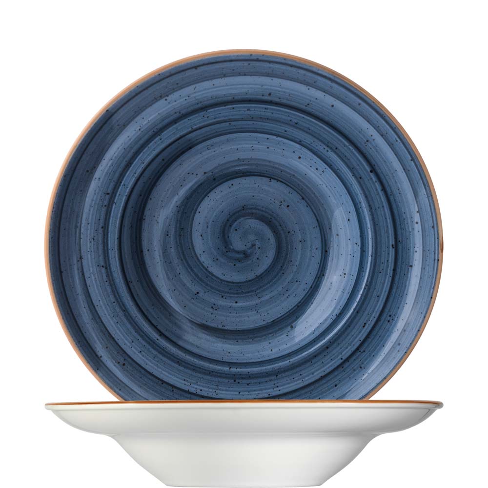 Blauer Teller mit Spiralmuster.