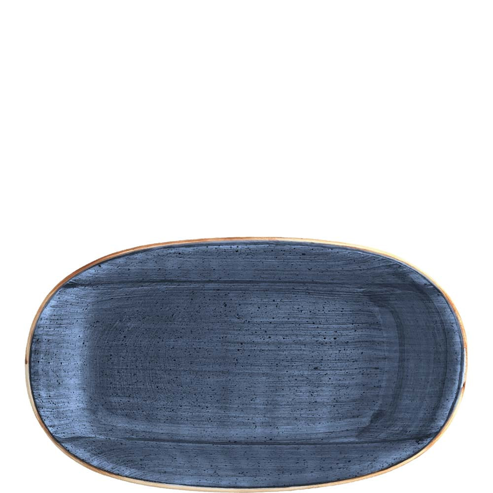 Blauer, ovaler Keramikteller, leer.