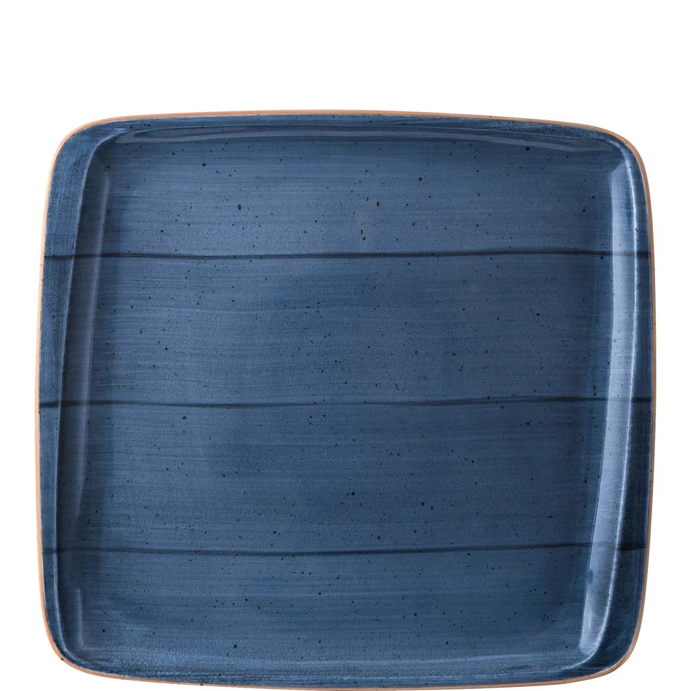 Blauer, quadratischer Teller mit Muster.