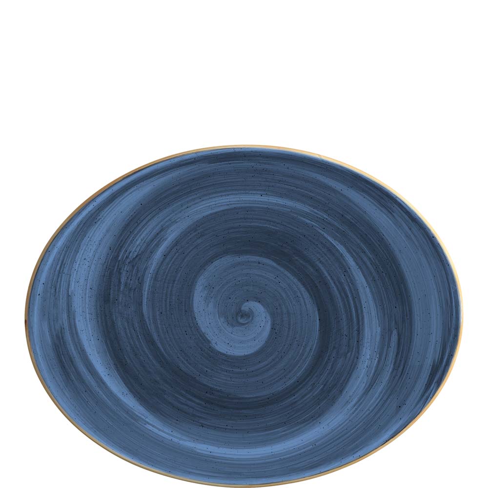 Blauer Teller mit Spiralmuster.