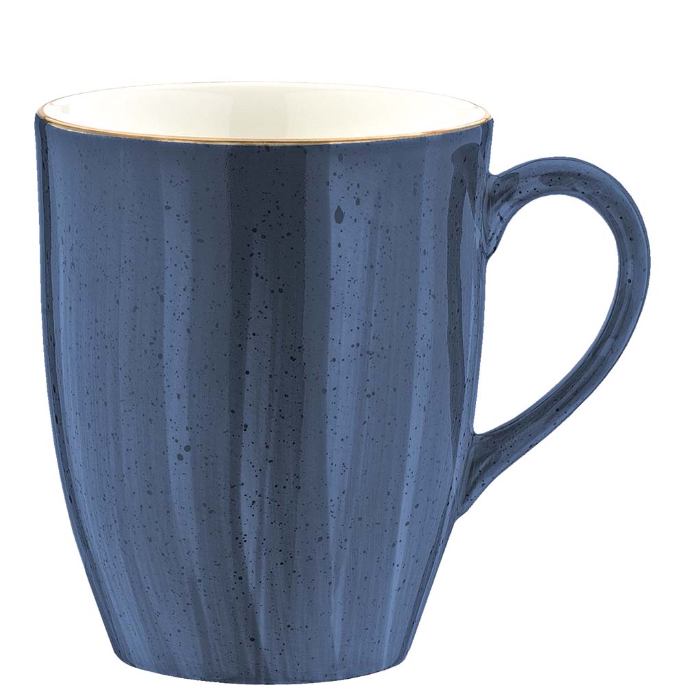 Blaue Keramiktasse mit Henkel.