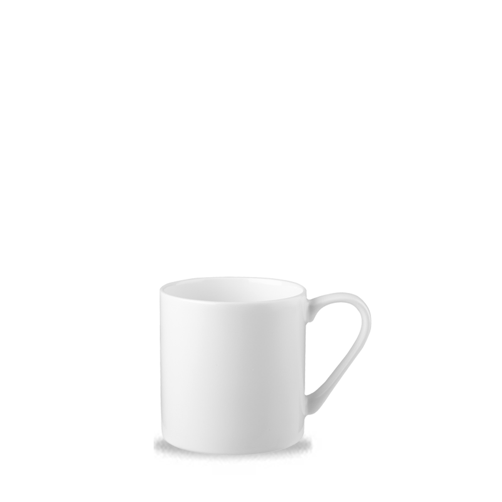 Weiße Tasse auf weißem Hintergrund.