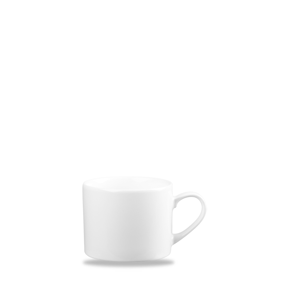 Weiße Tasse auf weißem Hintergrund.