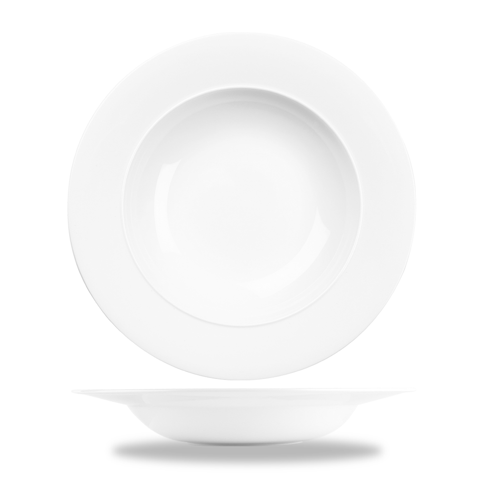 Weiße Porzellanteller, schlichtes Design.
