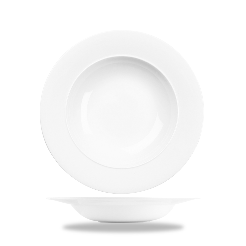 Weiße Porzellanteller, schlichtes Design.