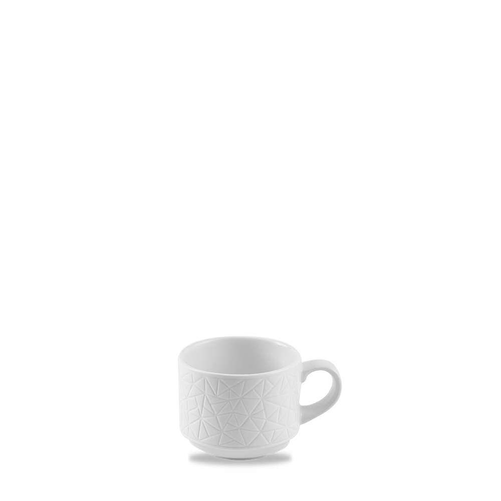 Weiße Tasse mit geometrischem Muster.