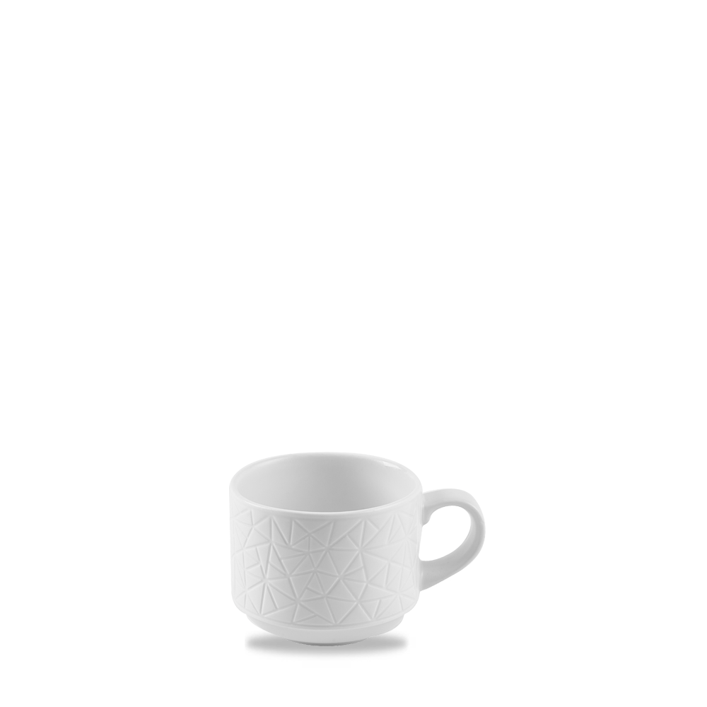 Weiße Tasse mit geometrischem Muster.