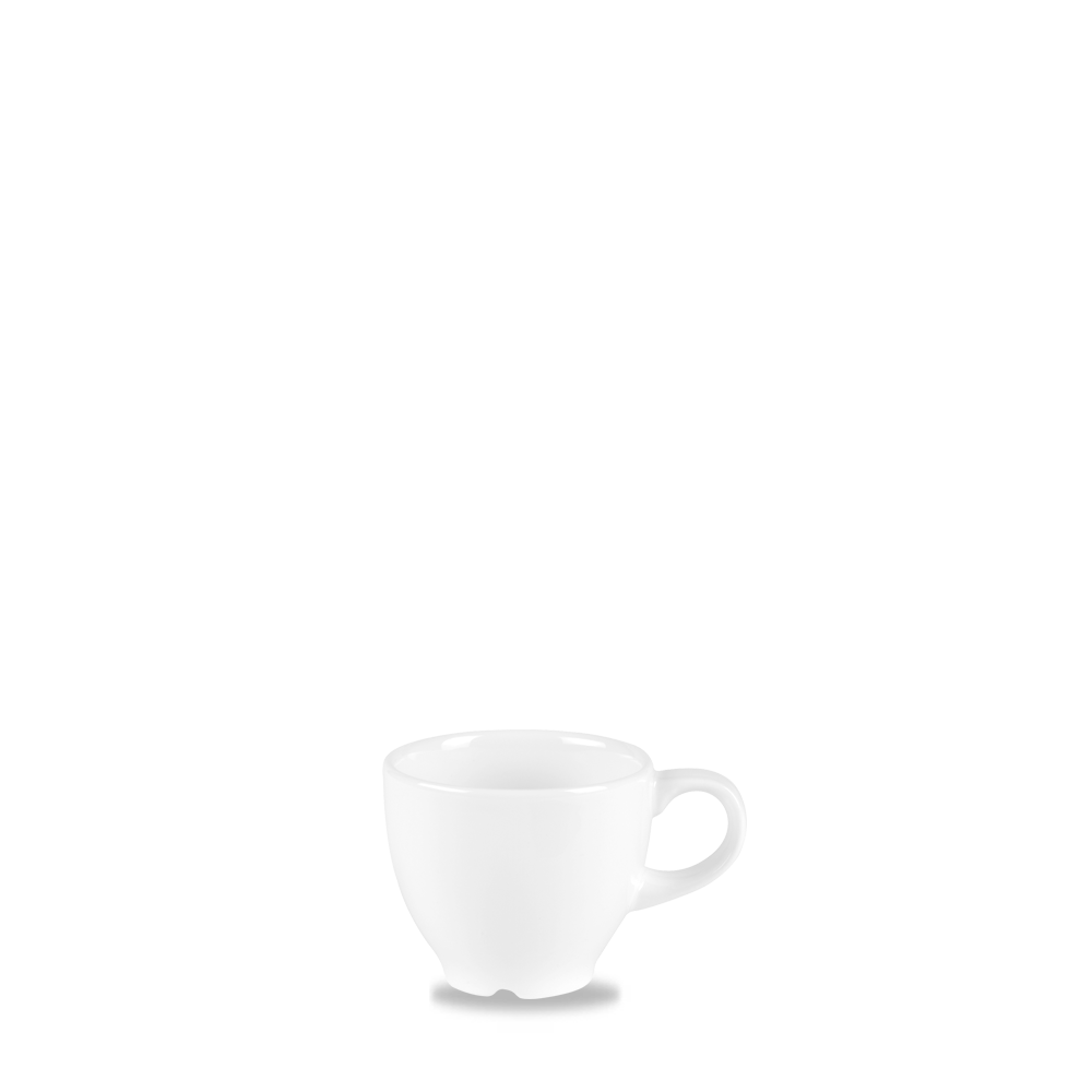 Weiße Espressotasse auf weißem Hintergrund.