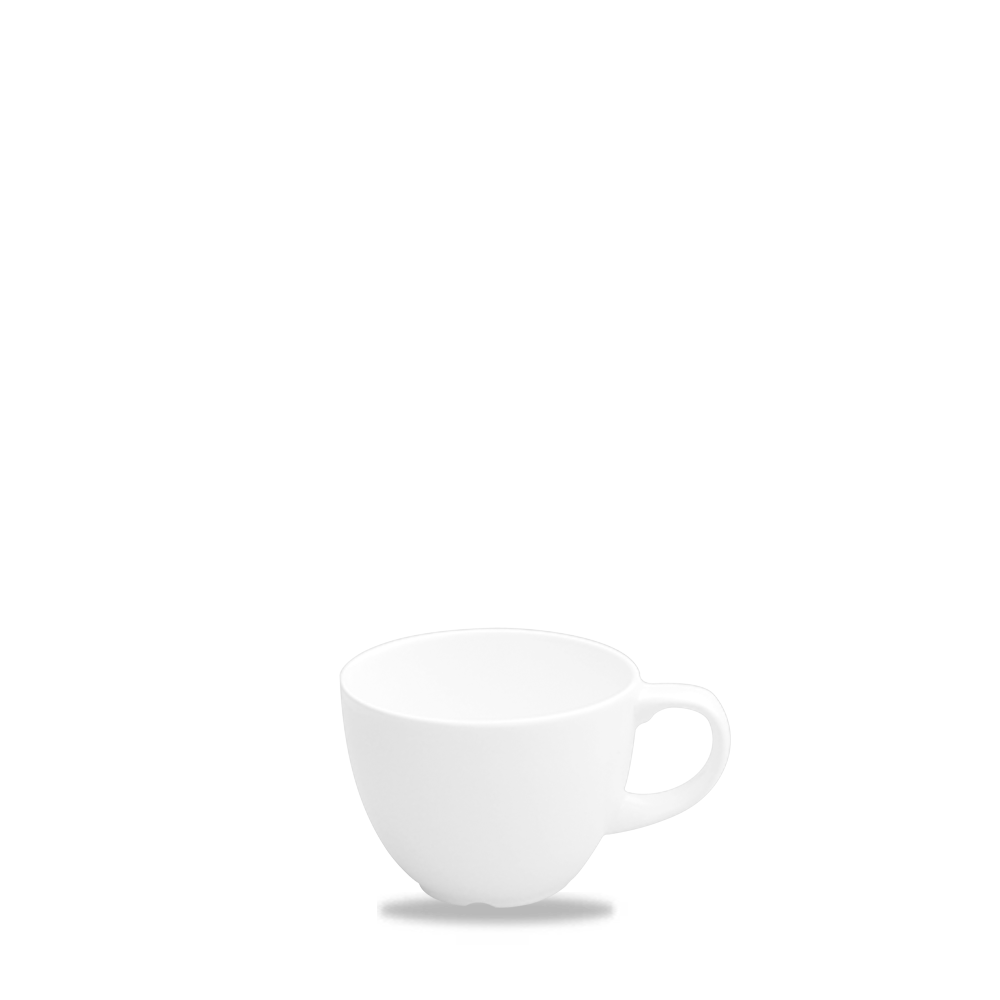 Weiße Tasse auf weißem Hintergrund.