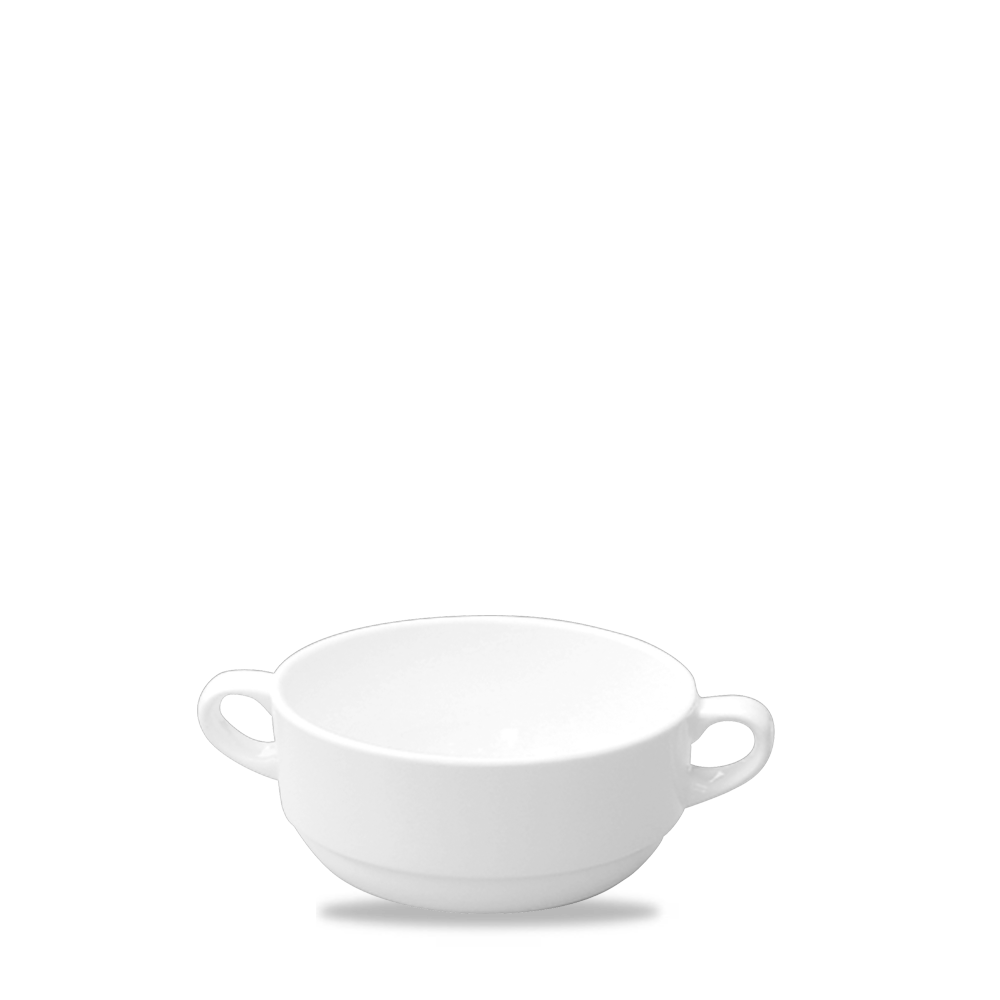 Weiße Suppenschüssel mit Henkeln.