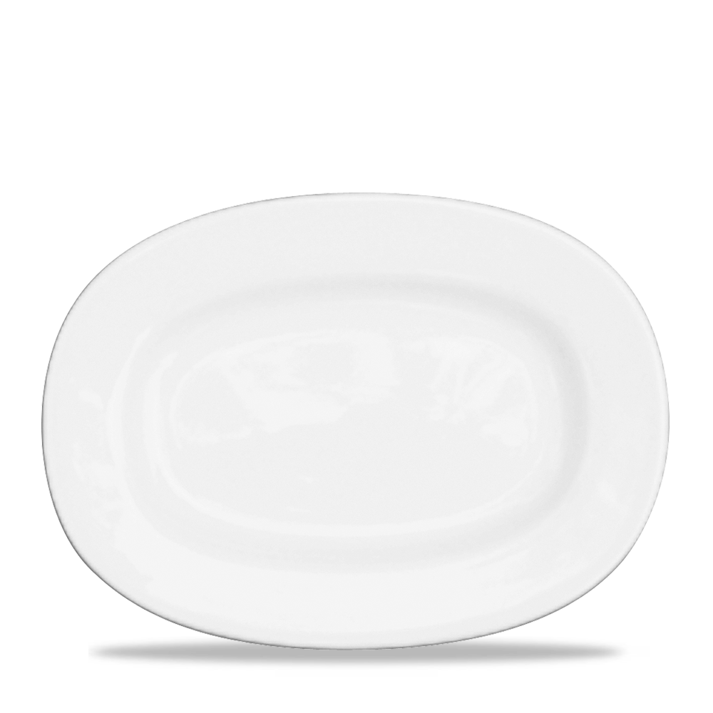Weißer ovaler Porzellanteller obenansicht.
