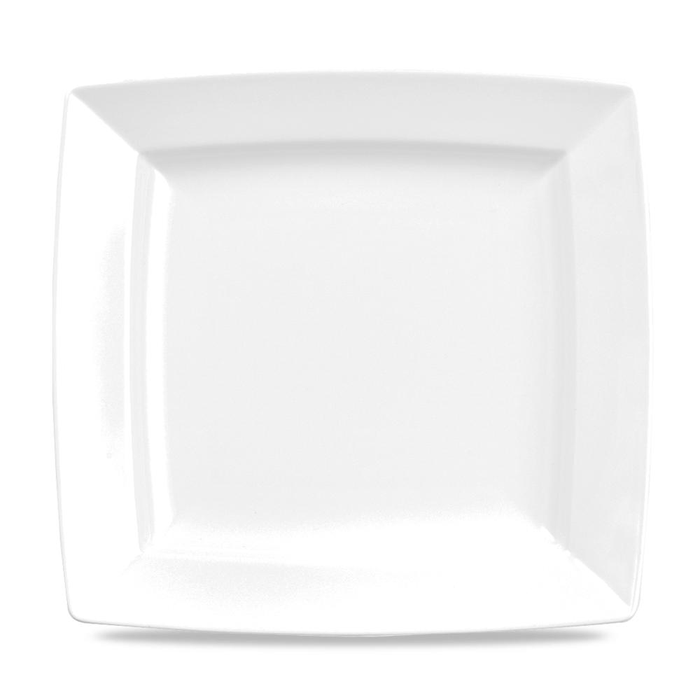 Weißer, quadratischer Teller, leer.