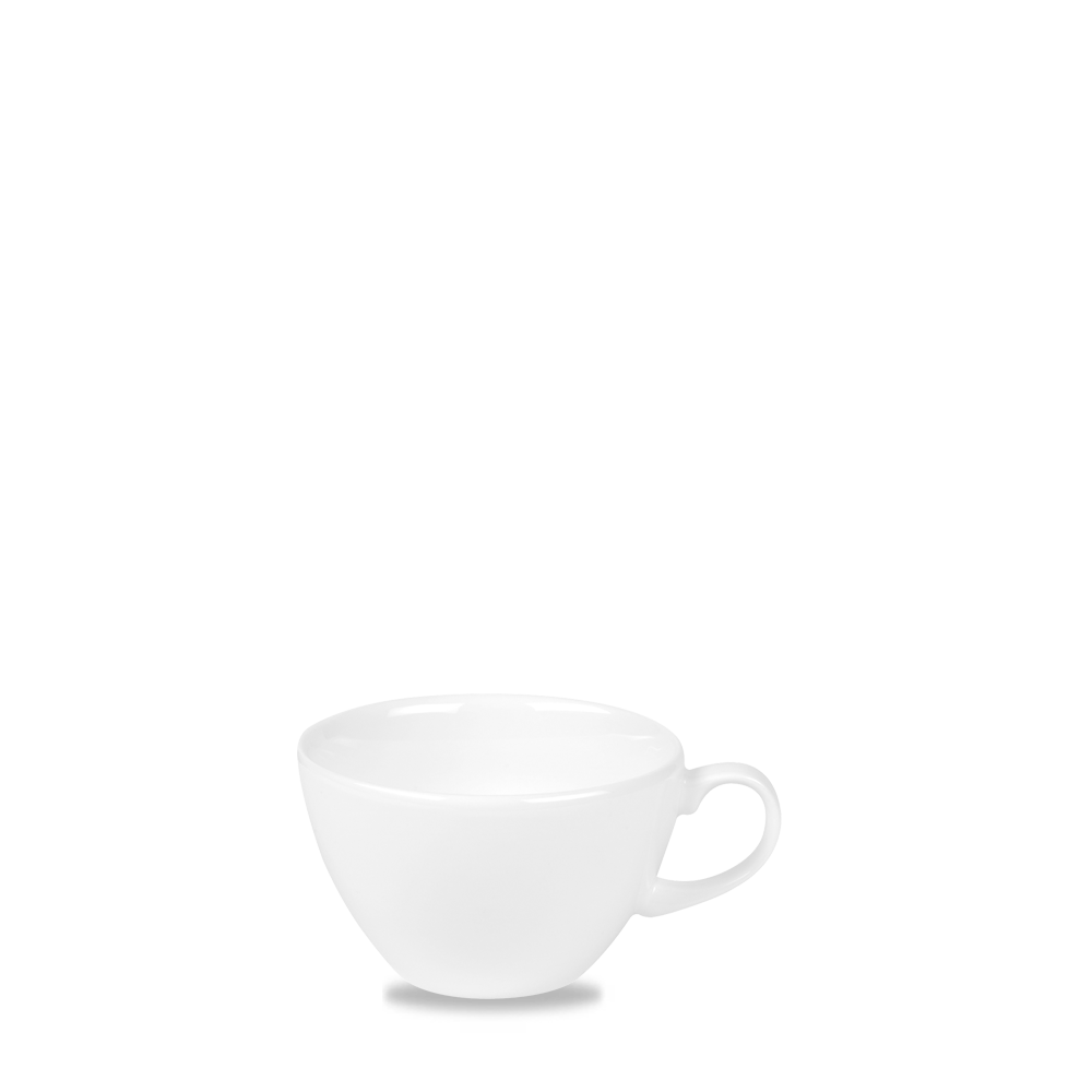 Weiße Tasse auf weißem Hintergrund.