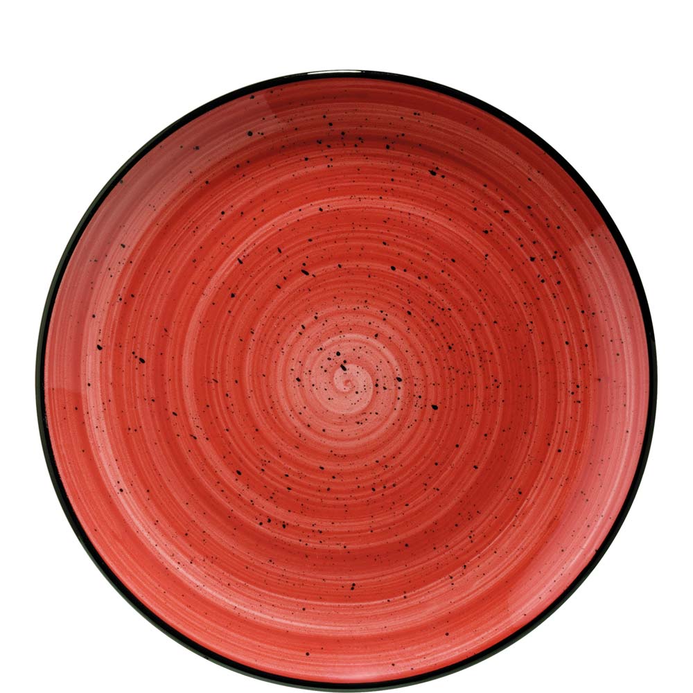 Roter Teller mit schwarzen Sprenkeln.