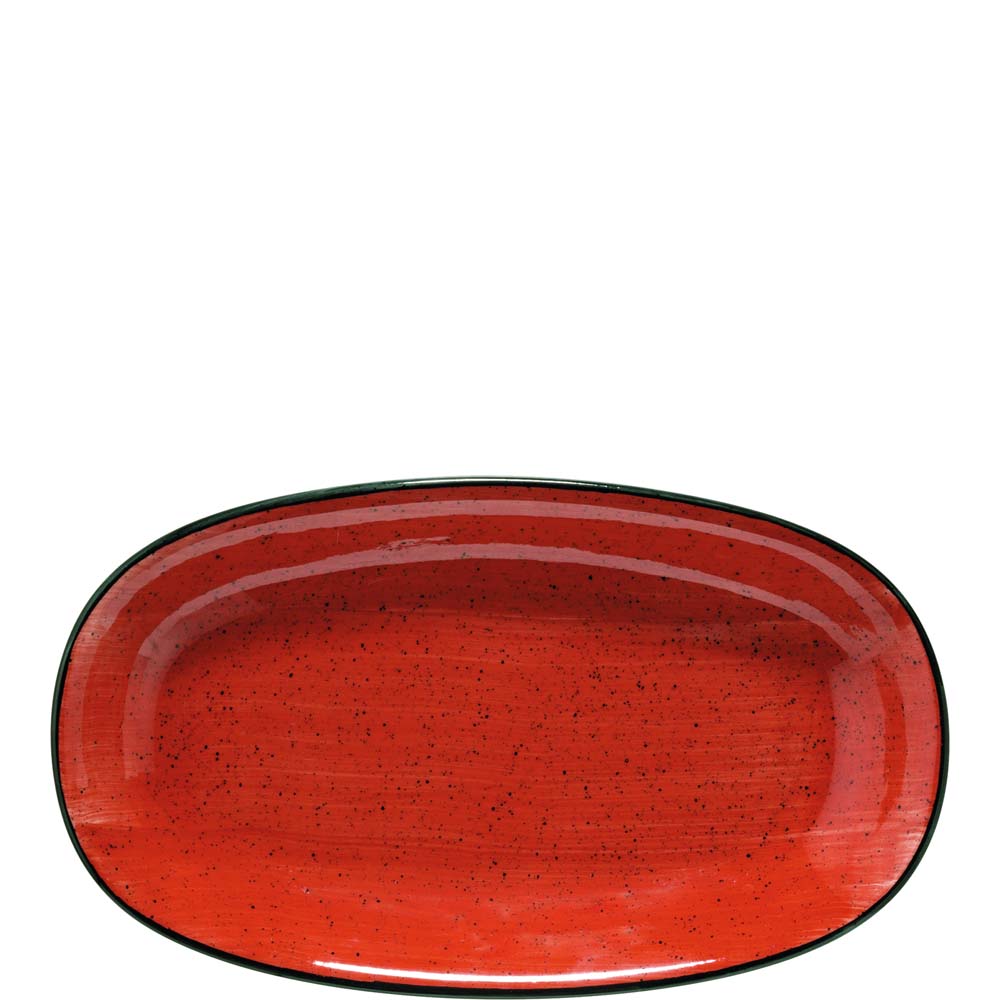 Rotes, ovales, gesprenkeltes Geschirr.