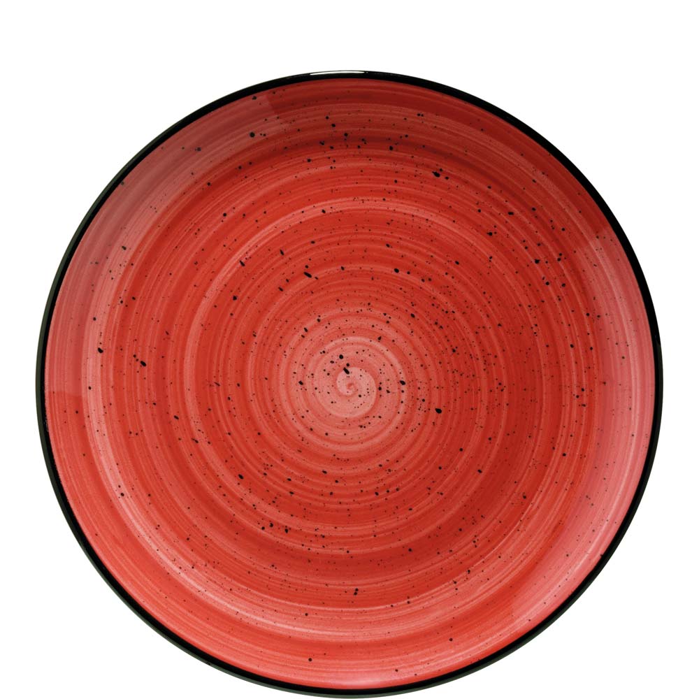 Roter Teller mit schwarzen Sprenkeln.