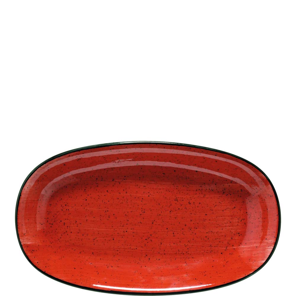 Rotes, ovales, gesprenkeltes Geschirr.