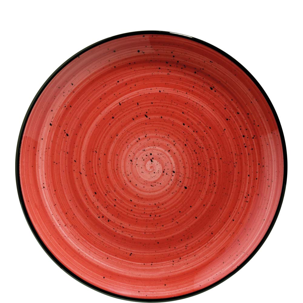 Roter Teller mit Sprenkeln.