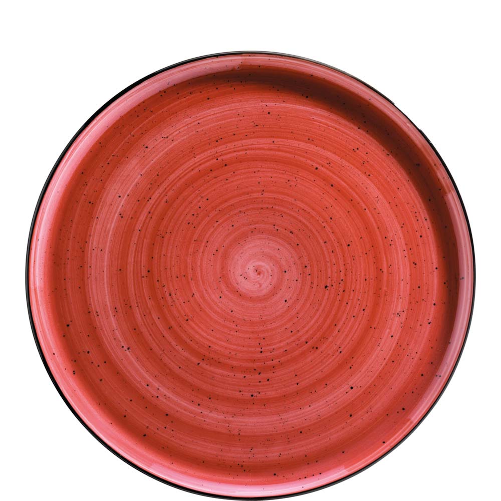 Roter Teller mit Sprenkeln.