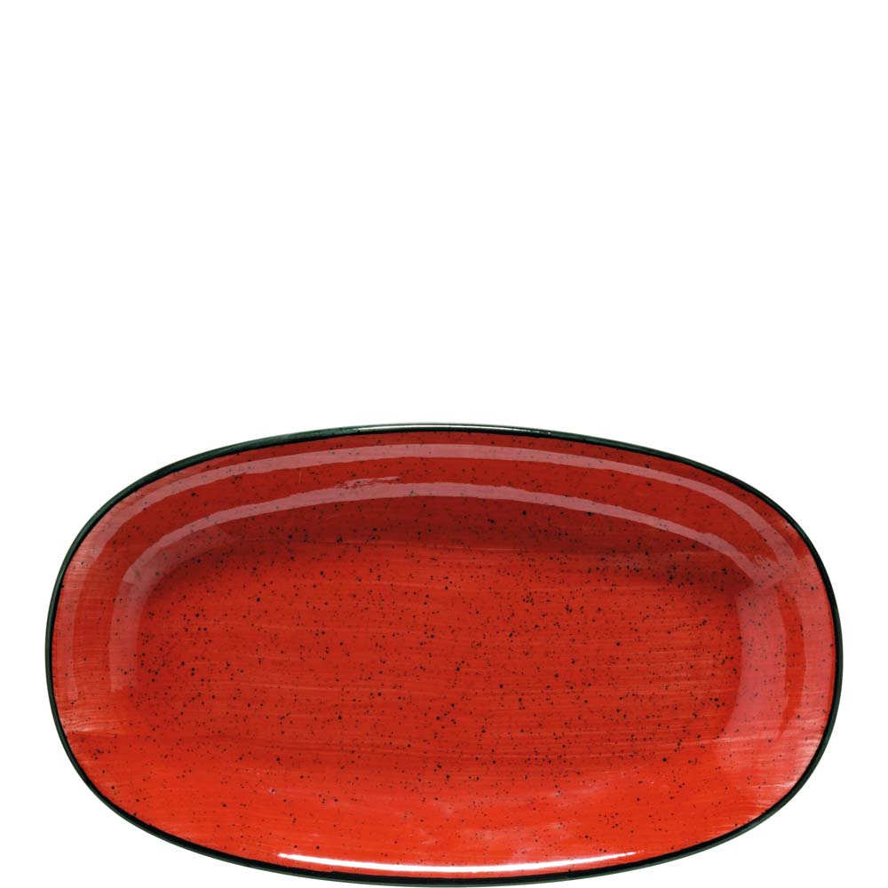 Roter, ovaler Teller mit Sprenkeln.