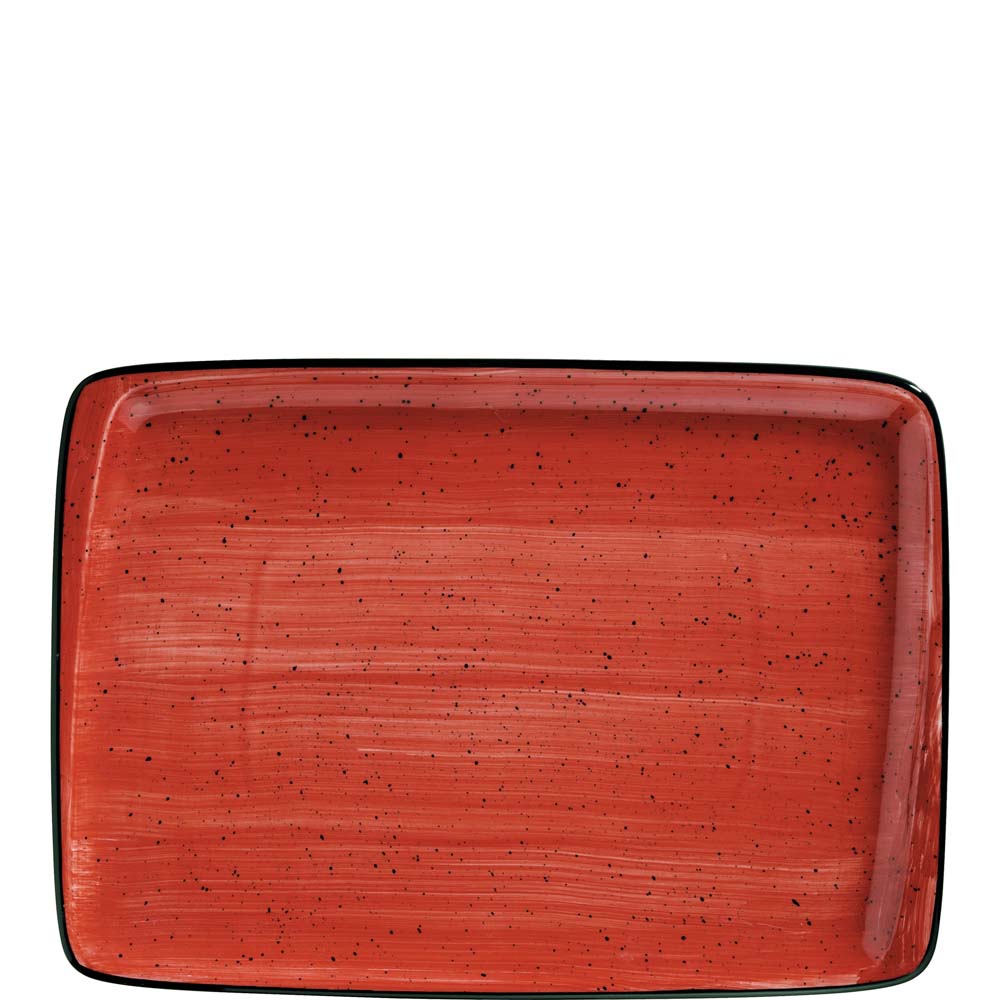 Roter rechteckiger Teller mit Sprenkeln.