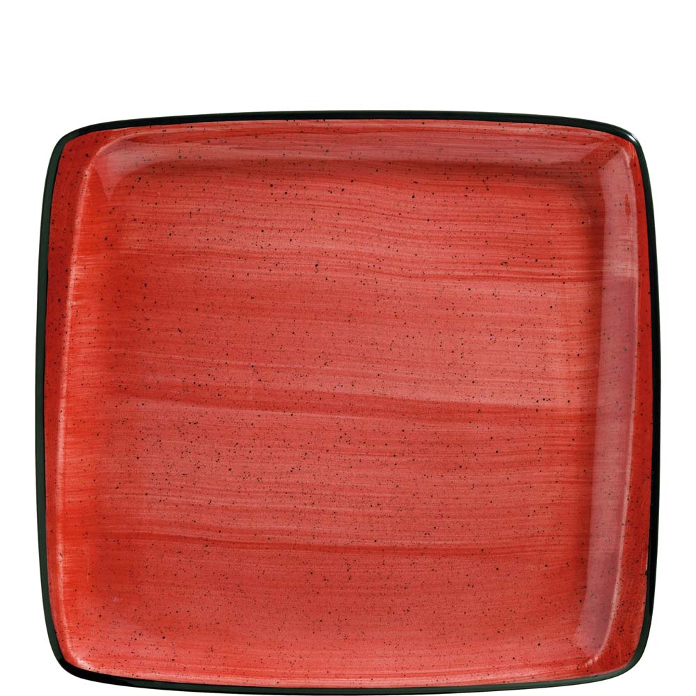 Roter, quadratischer Teller mit Sprenkeln.