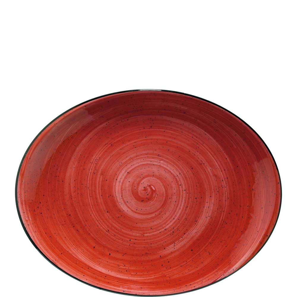 Roter Teller mit Spiralmuster.
