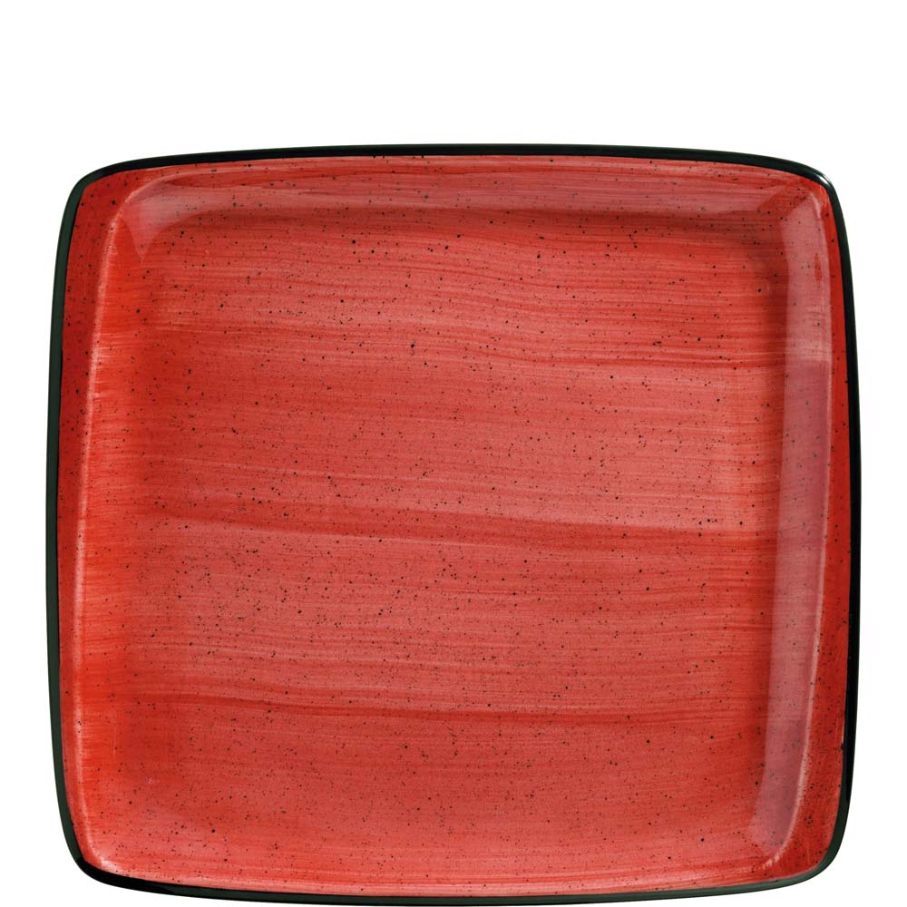 Roter, quadratischer Teller mit Sprenkeln.