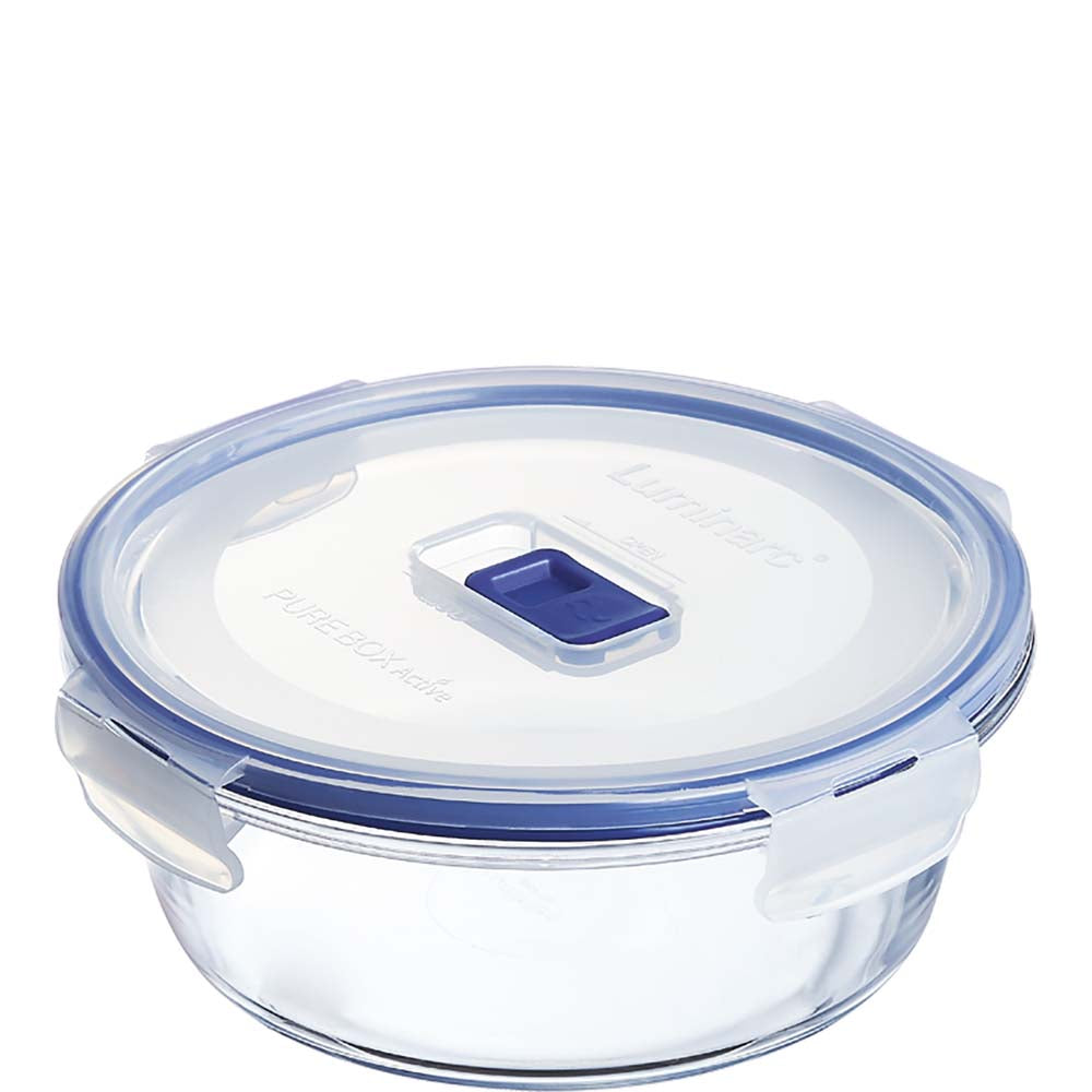 Transparenter Rundglasbehälter mit blauem Deckel