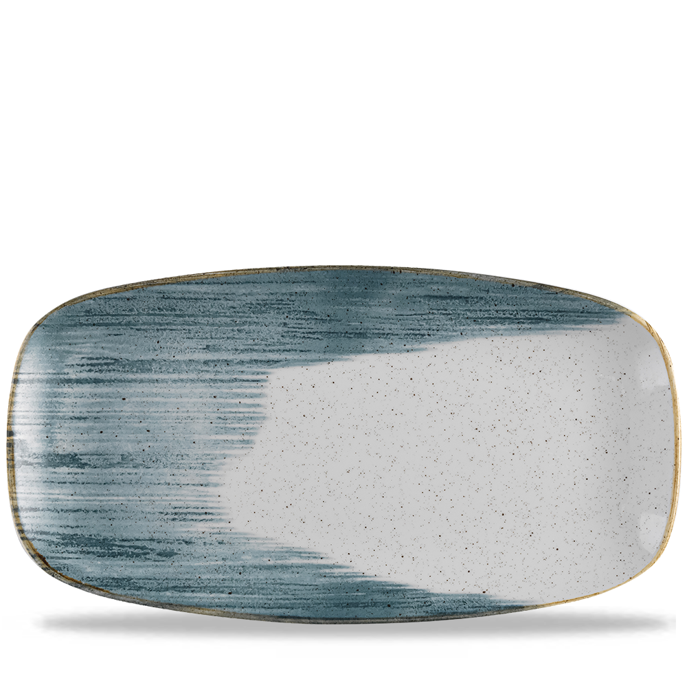 Rechteckiger Teller mit blauem Muster.