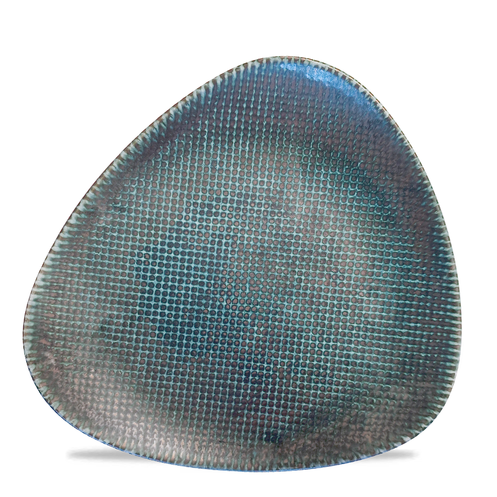 Dreieckiger, texturierter Teller, blau.