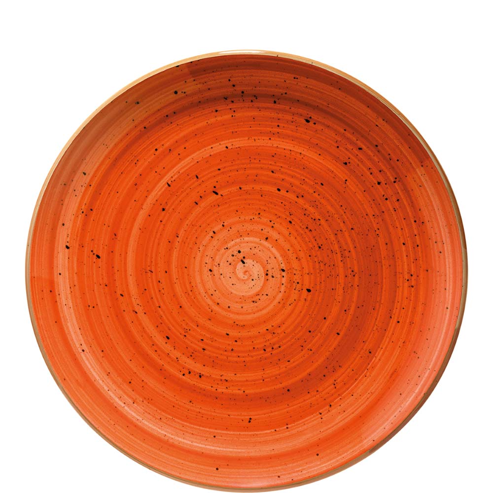 Roter, gesprenkelter Teller, spiralförmig.