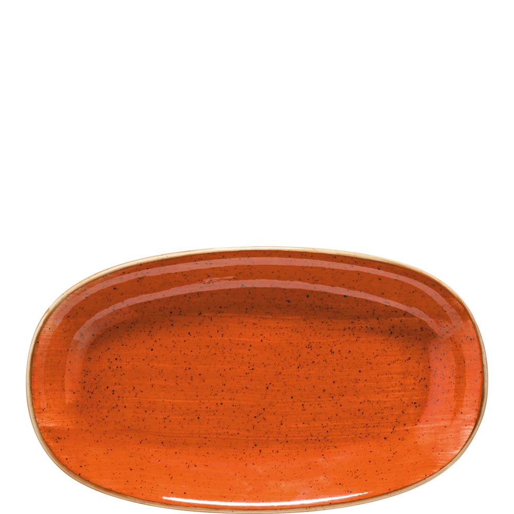 Orange, ovaler, gesprenkelter Teller.