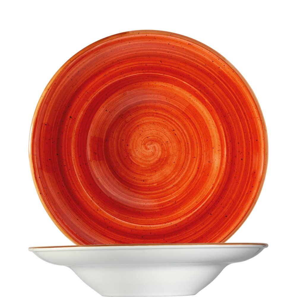 Roter Teller mit Spiralmuster.