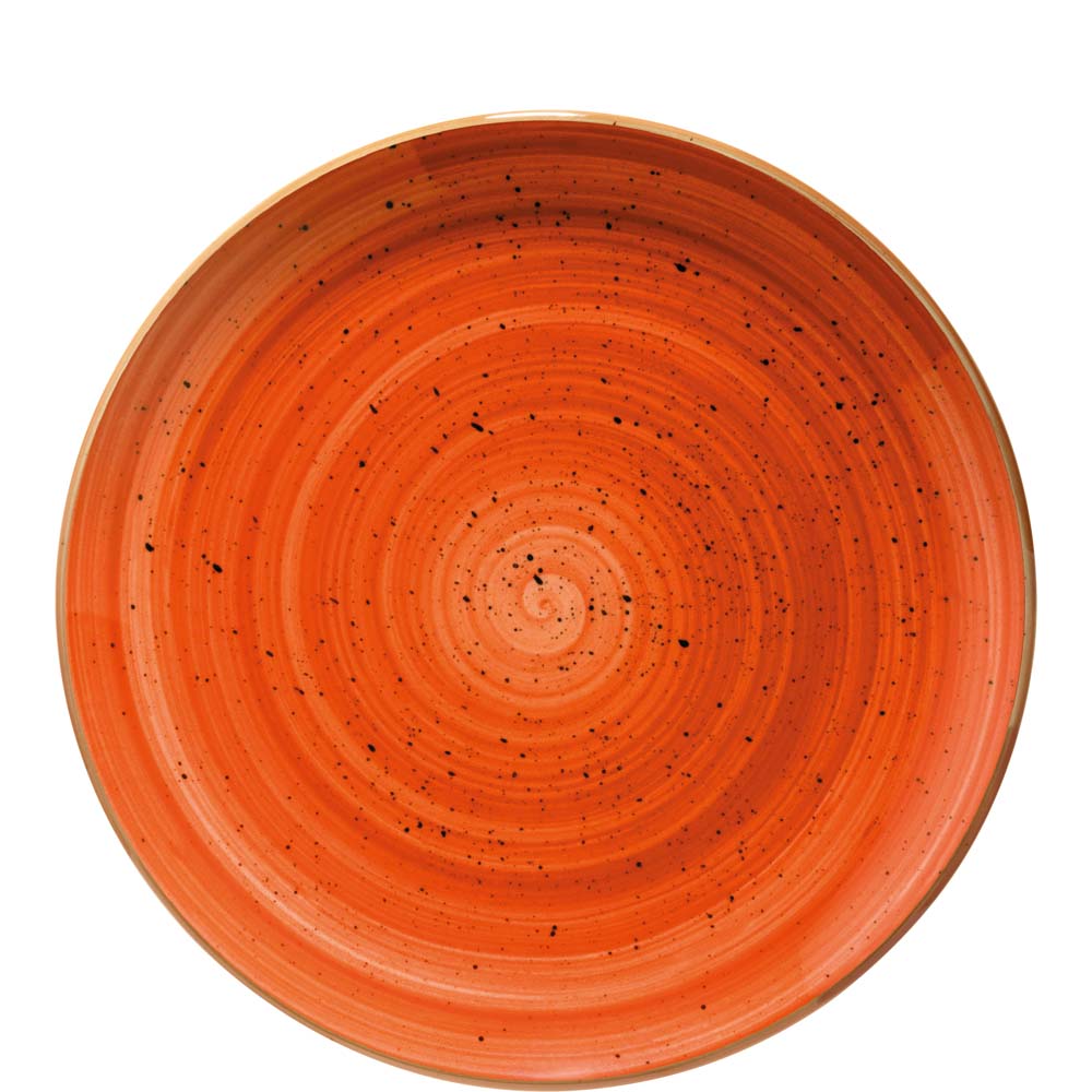 Roter, gesprenkelter Teller mit Spiralmuster.