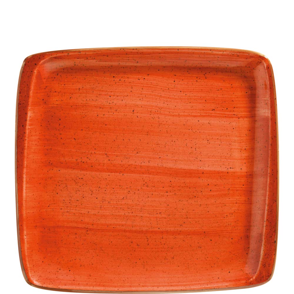 Roter, quadratischer Teller mit Sprenkeln.