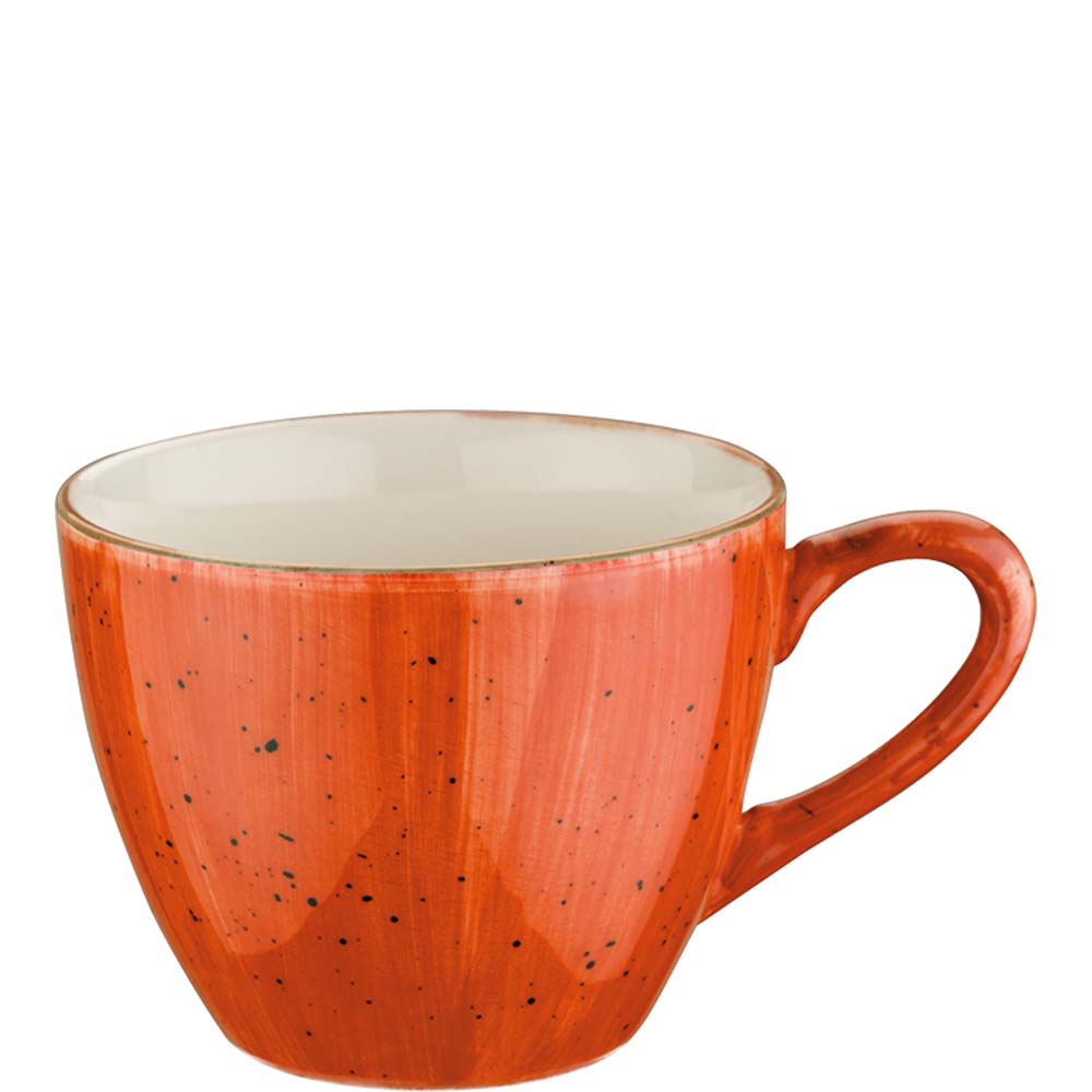 Orangene Kaffeetasse mit Sprenkeln