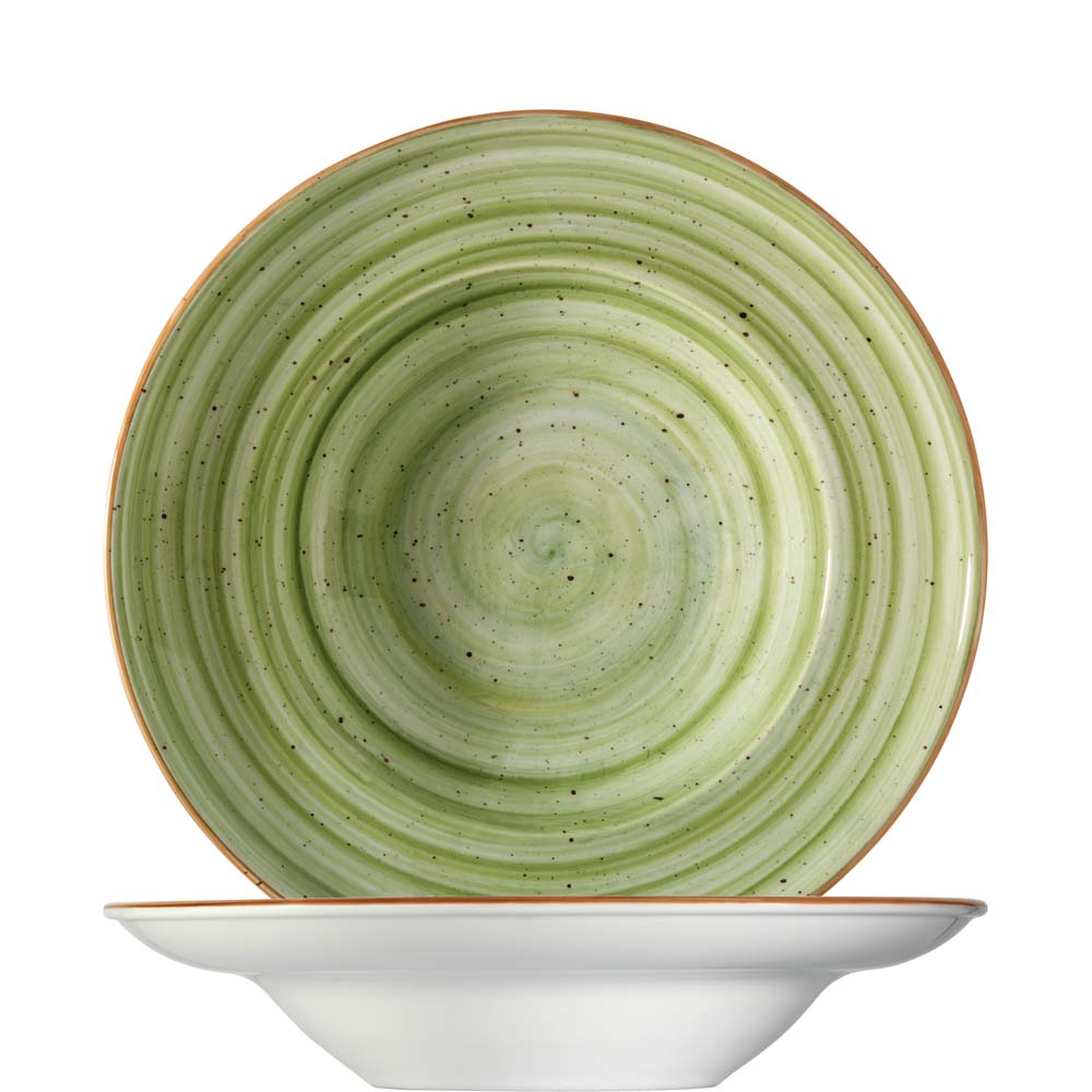 Grüner Teller mit Schalenrand.