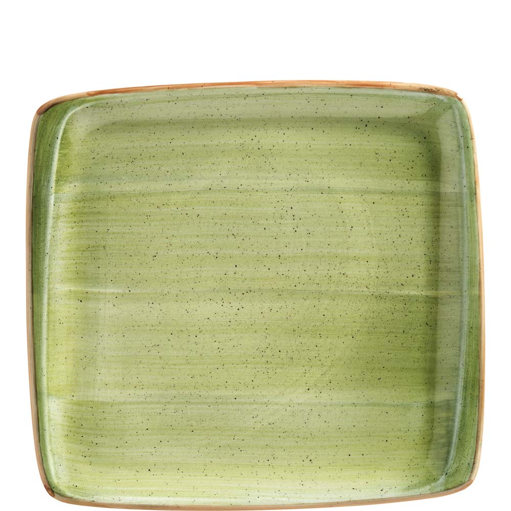Grüner, quadratischer Teller mit Sprenkeln.