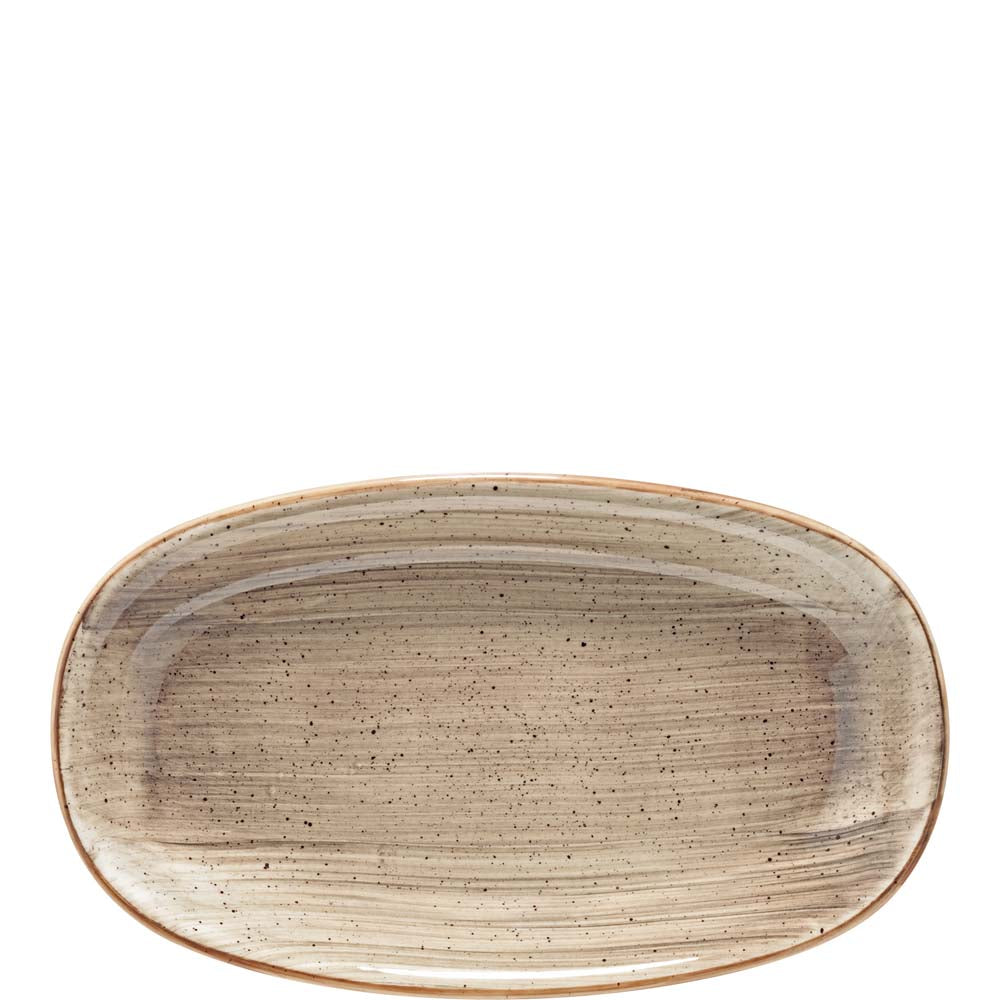 Ovaler, gesprenkelter, beige Teller.