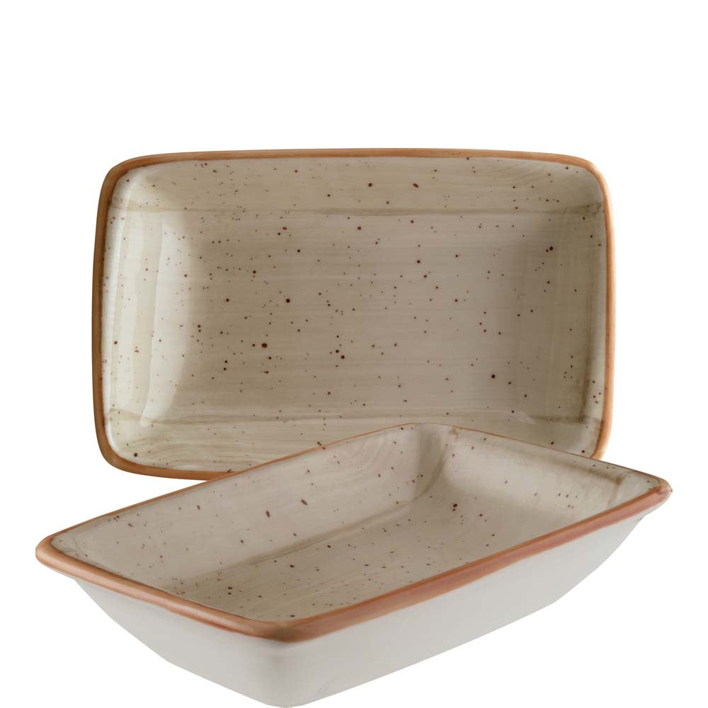 Zwei rechteckige, gesprenkelte Schalen.