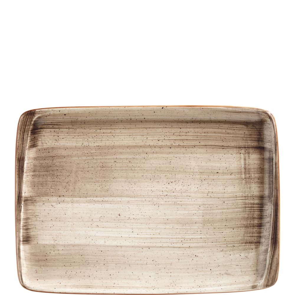 Rechteckiger, rustikaler Teller, beige.