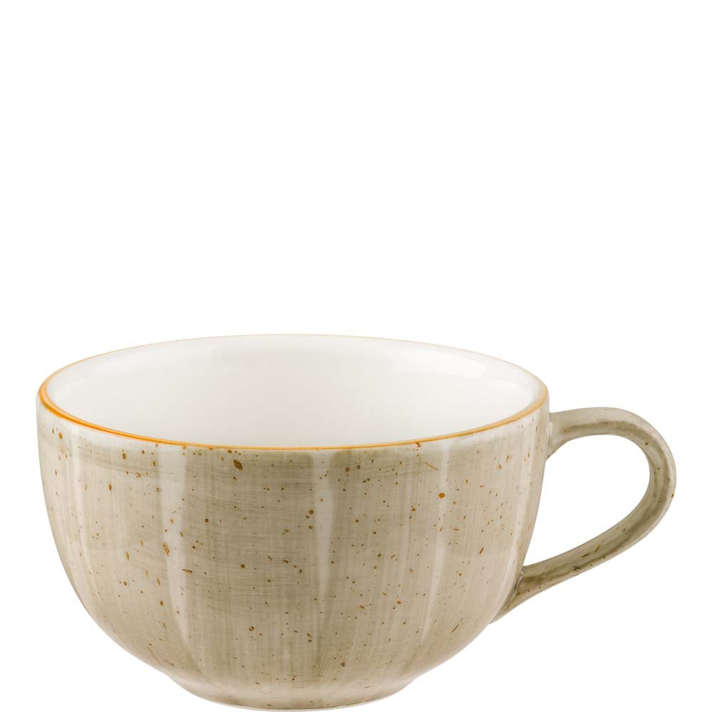 Beige Tasse mit Henkel.