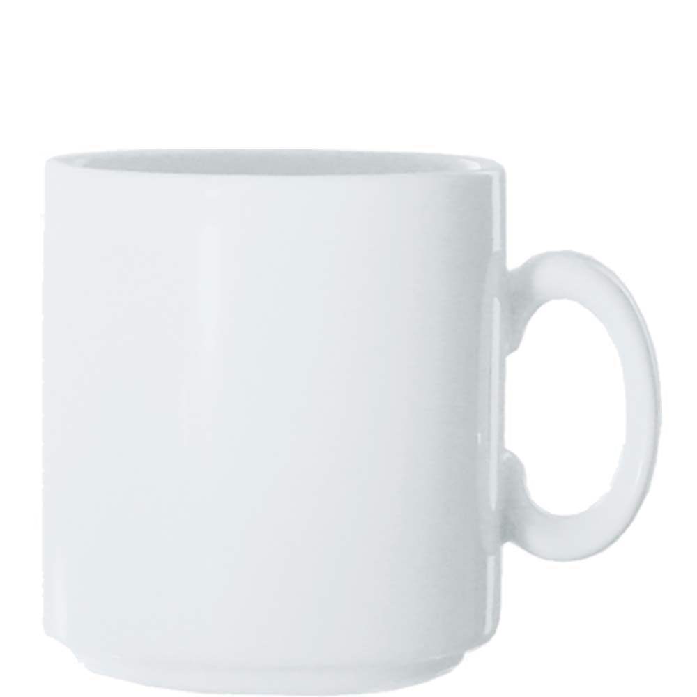 Weiße Tasse auf weißem Hintergrund.