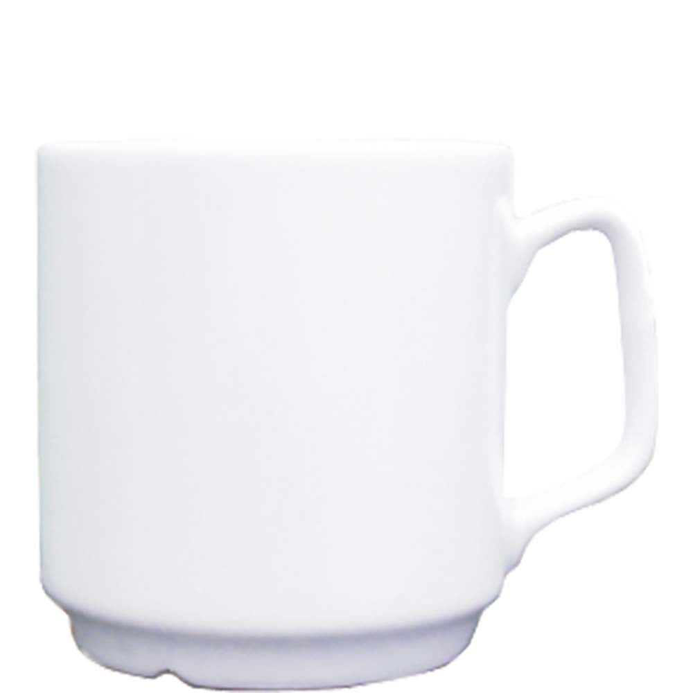 Weiße Tasse mit Henkel.