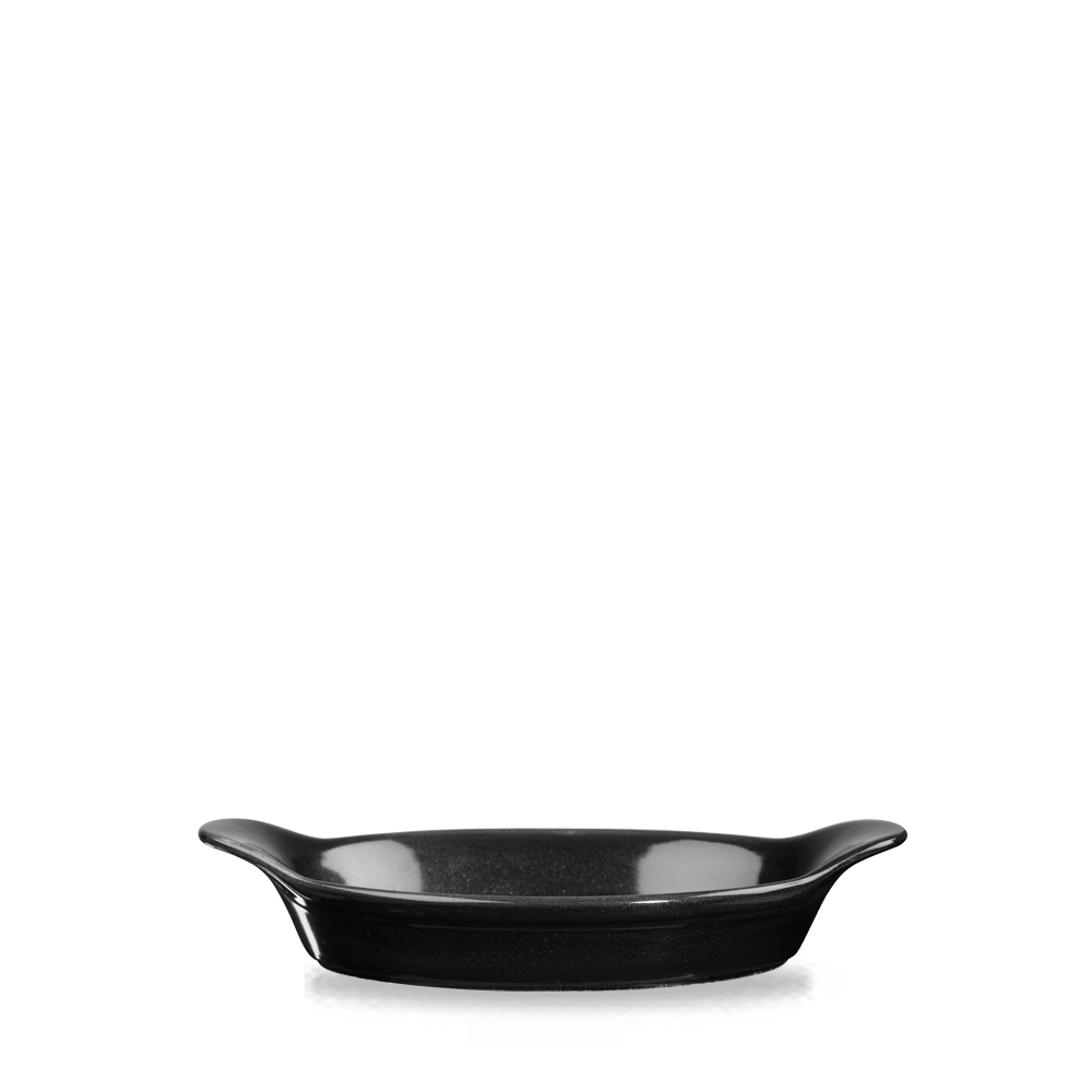 Schwarze ovale Servierschale mit Griffen.