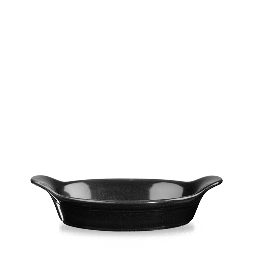 Schwarze ovale Servierschale, leer.