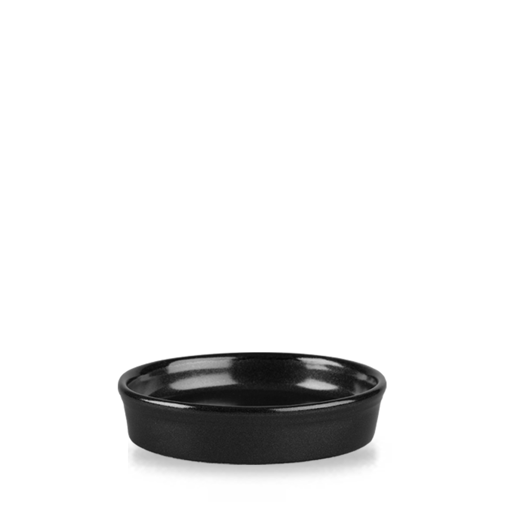 Schwarze, runde Schale aus Keramik.
