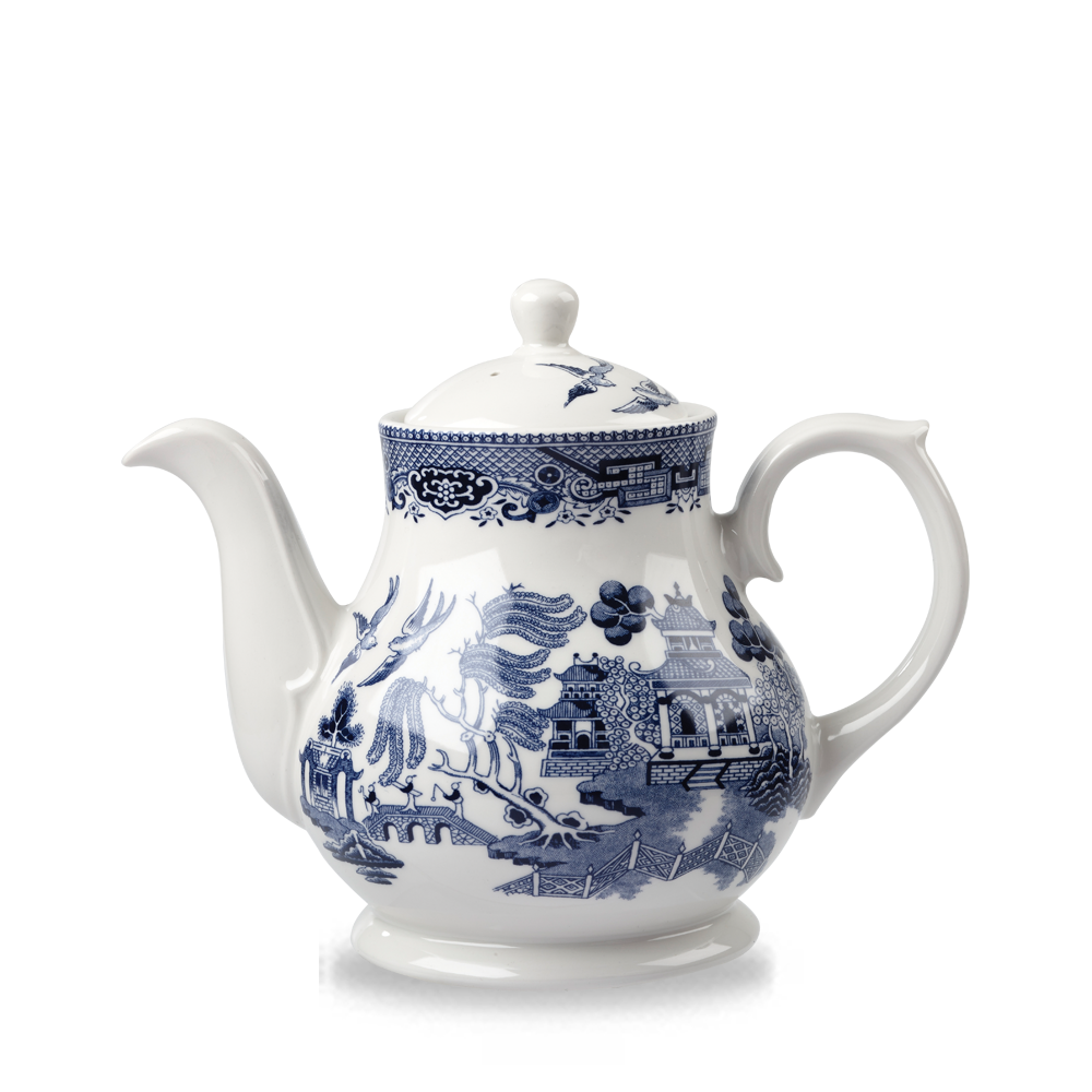 Weiße Teekanne mit blauem Muster.